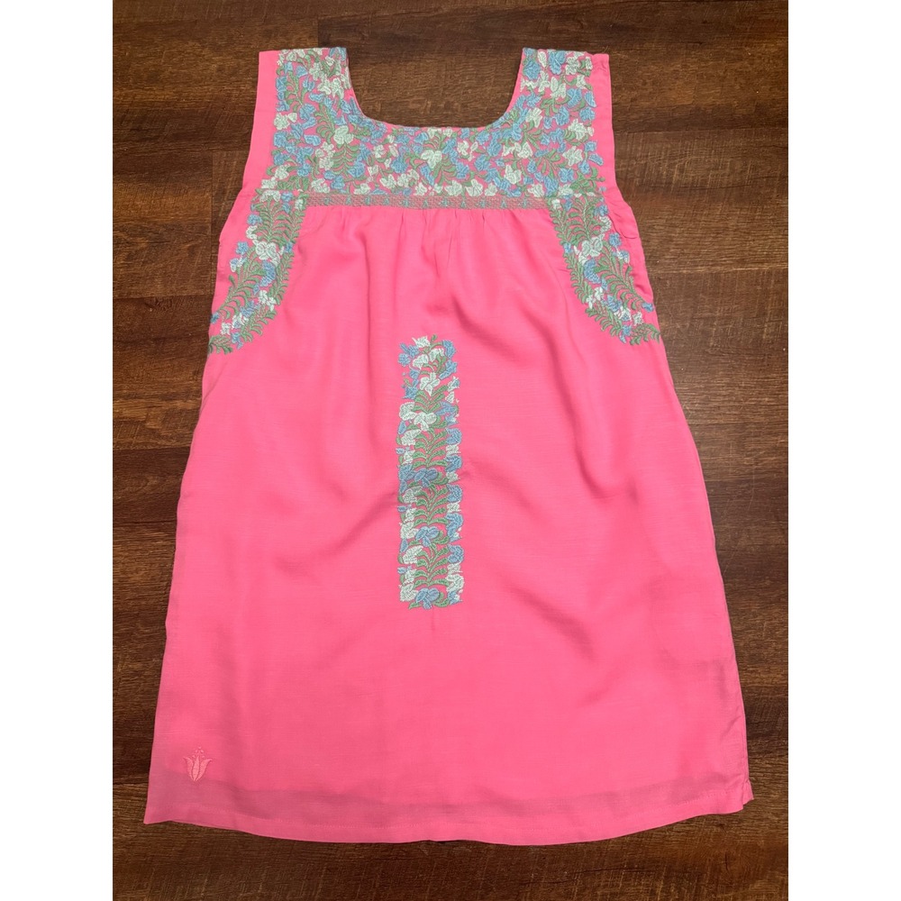 J. Marie Pink Embroidered Floral Sleeveless Shift Dress Pockets XS